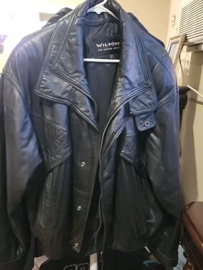 Wilson Black Leather Bomber Jacket with Zipper & Snap Placket